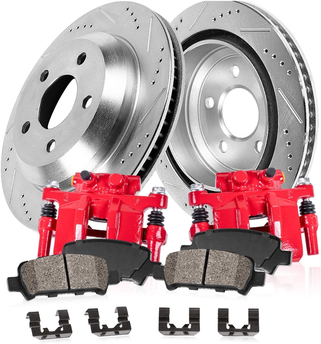 Powder Coated Red Calipers with Drilled Slotted Rotors and Ceramic Brake Pads E9761