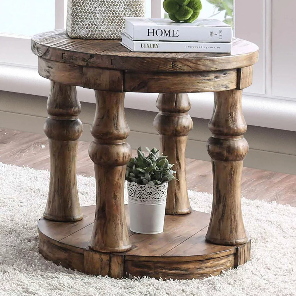 Round Wooden End Table with Open Shelf Antique Oak O404695