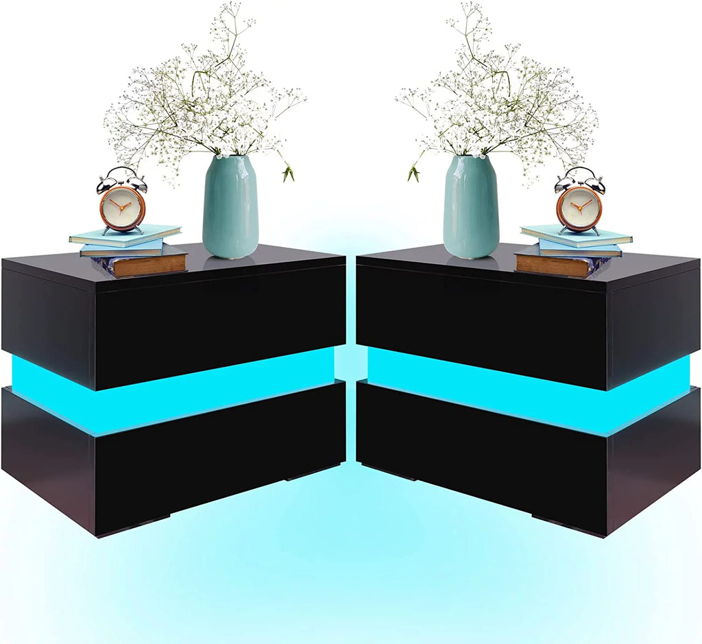 Black LED Nightstand Set of 2 with 2 Storage Drawers L1425