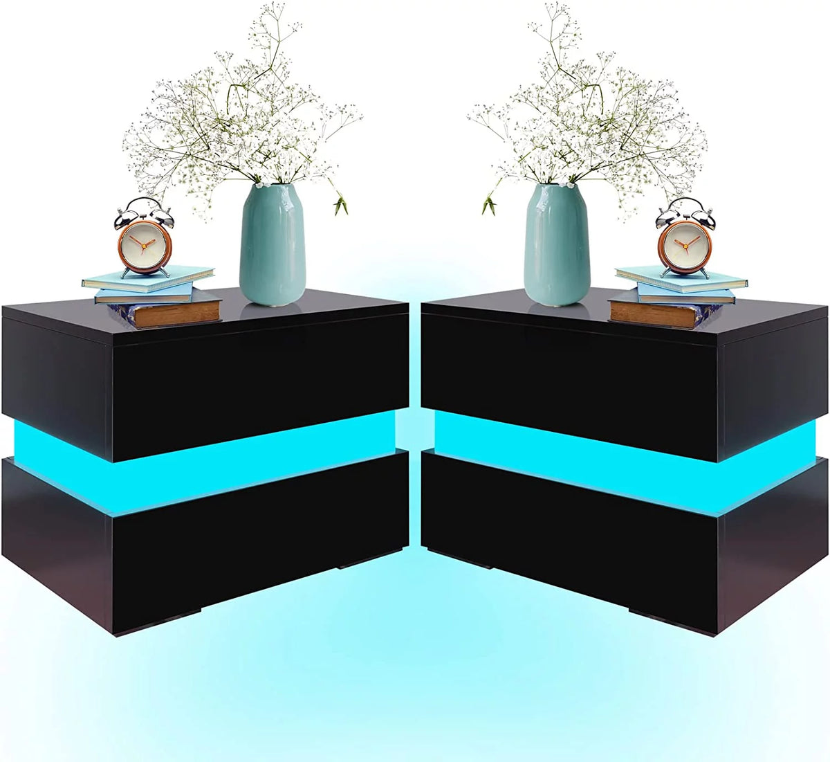 Black LED Nightstand Set of 2 with 2 Storage Drawers L1425