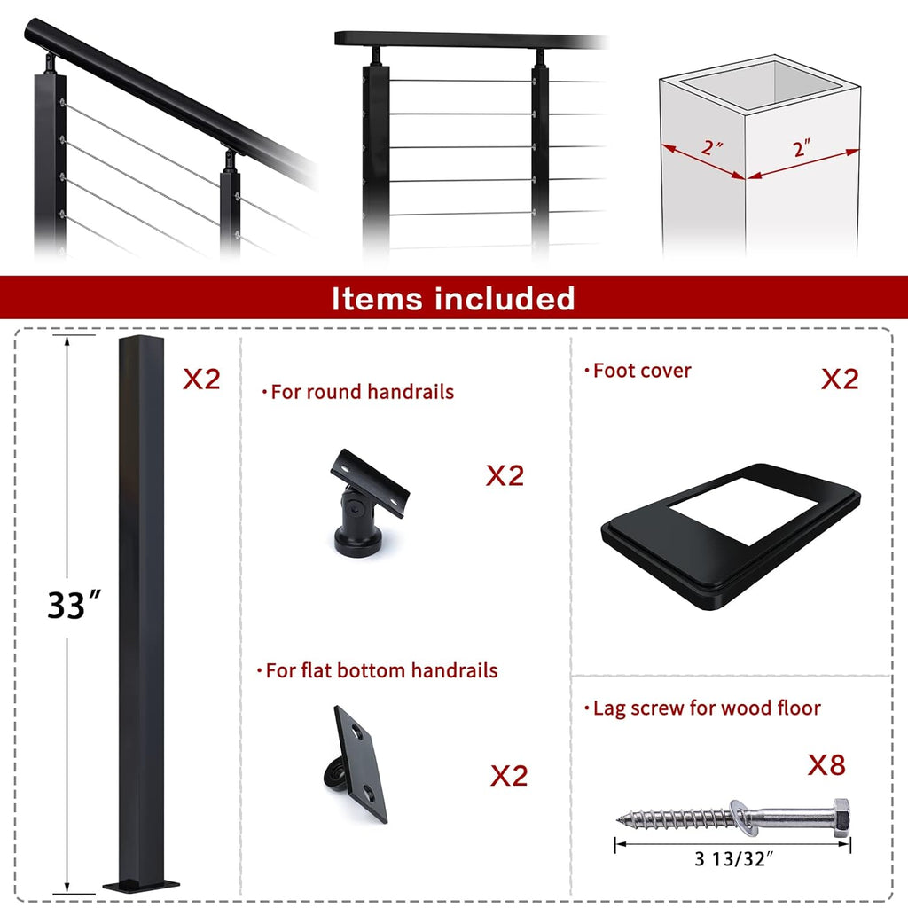 Black Stainless Steel Surface Mount Cable Railing Post 36"x2"x2" 2Pack B7872