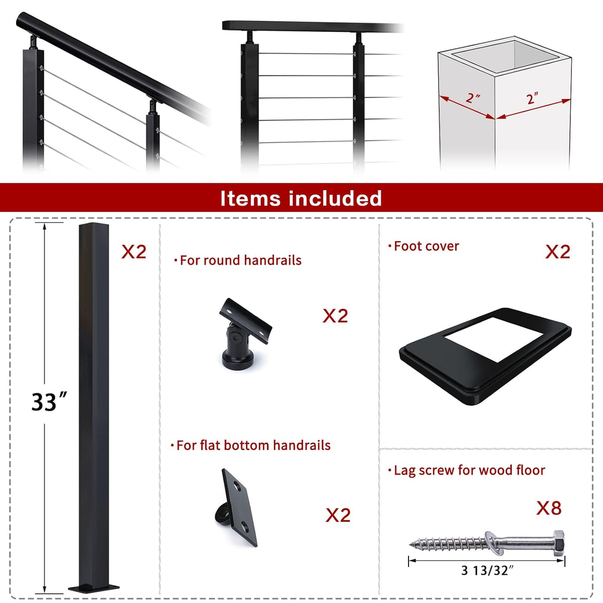 Black Stainless Steel Surface Mount Cable Railing Post 36"x2"x2" 2Pack B7872