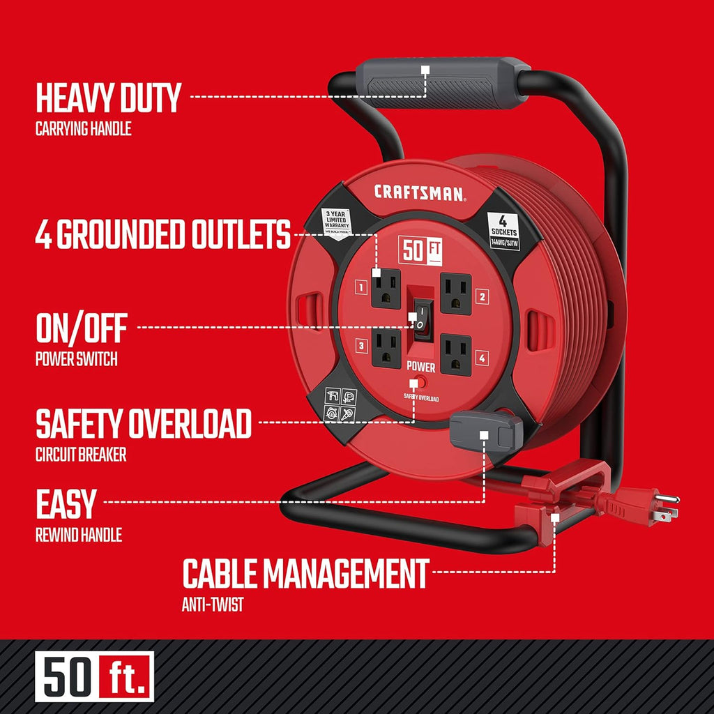 Heavy Duty Retractable Extension Cord, 100 feet with 4 Outlets Q491948