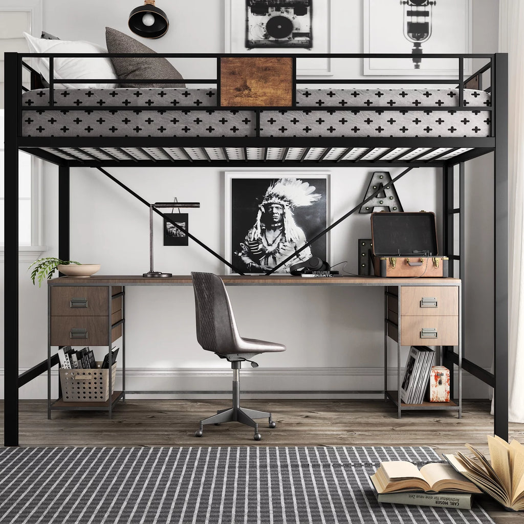 Metal Twin Size Loft Bed Frame with Stairs & Full-Length Guardrail D358708