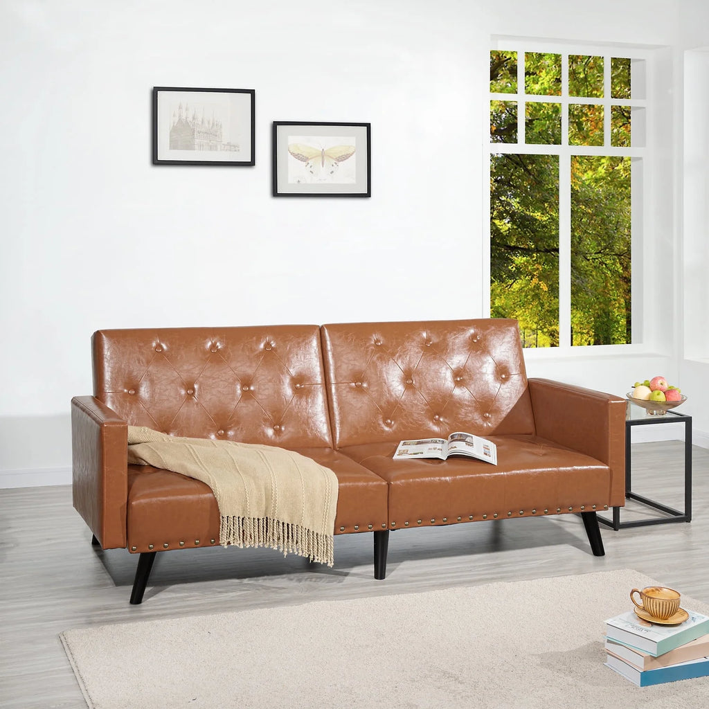 Espresso Faux Leather Tufted Convertible Sofa Bed V1335