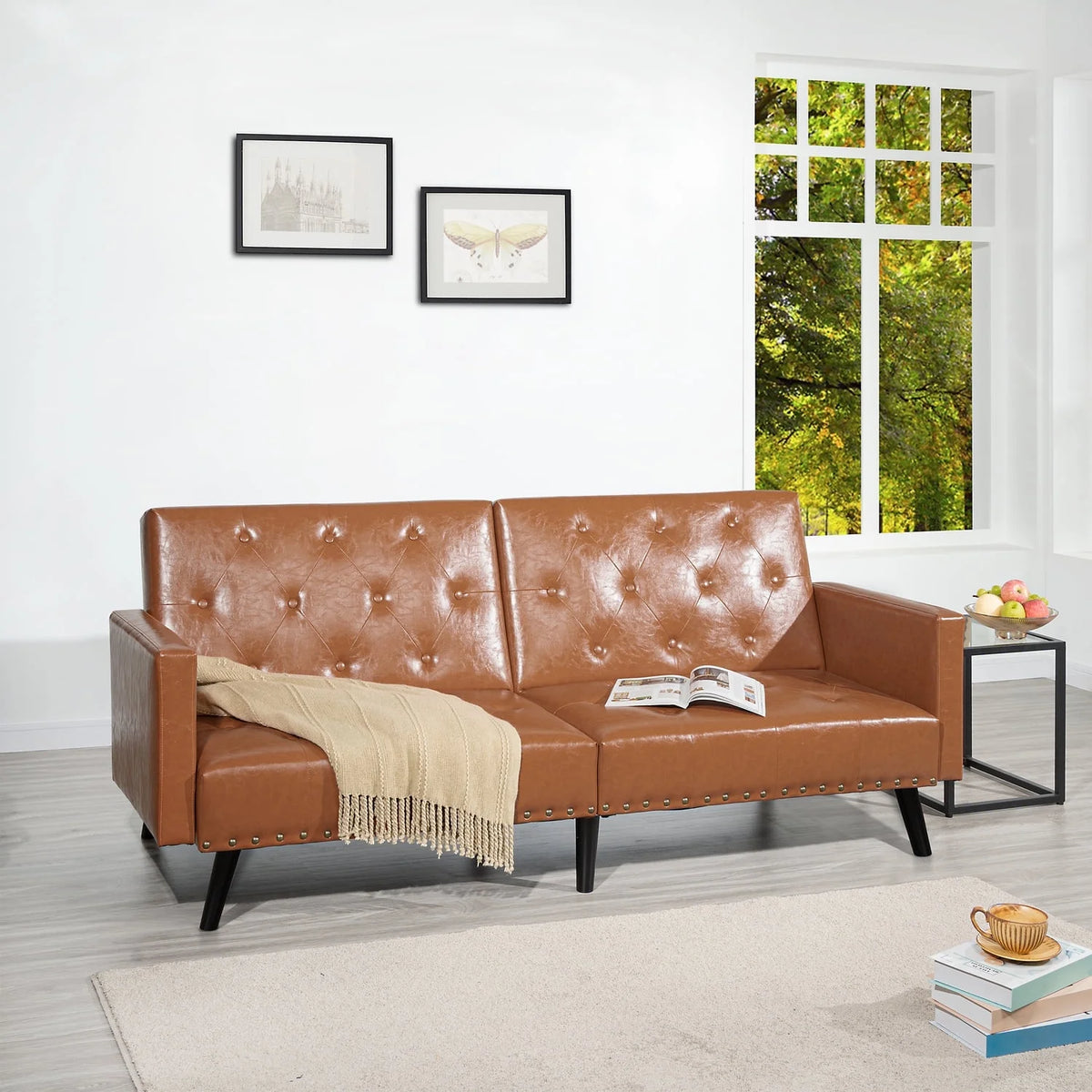 Espresso Faux Leather Tufted Convertible Sofa Bed V1335