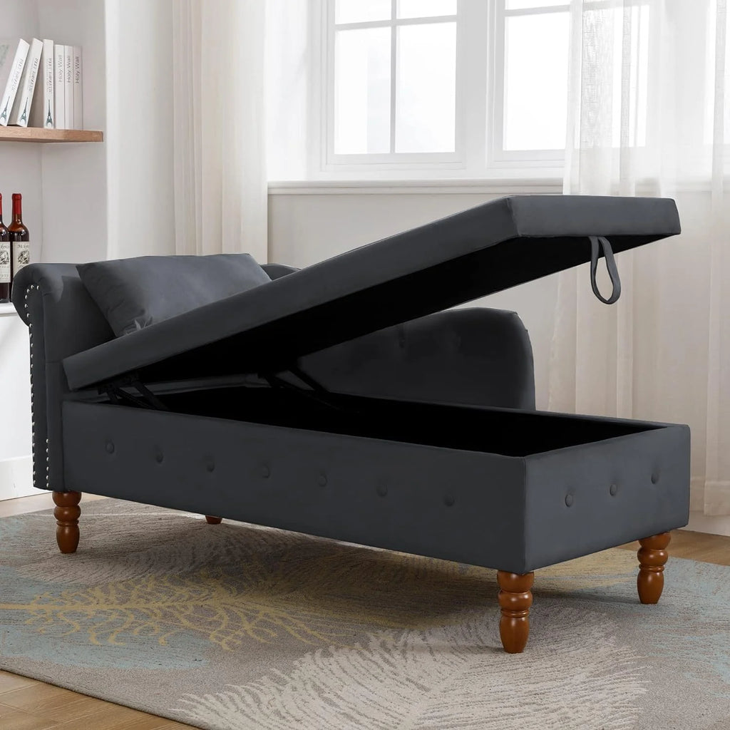 Black Velvet Chaise Lounge Chair with Storage & Pillow Y4743