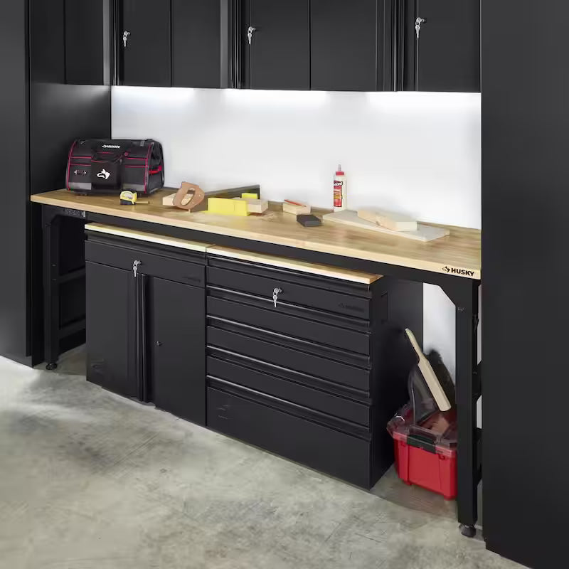 8 ft. Adjustable Height Solid Wood Top Workbench in Black O56823