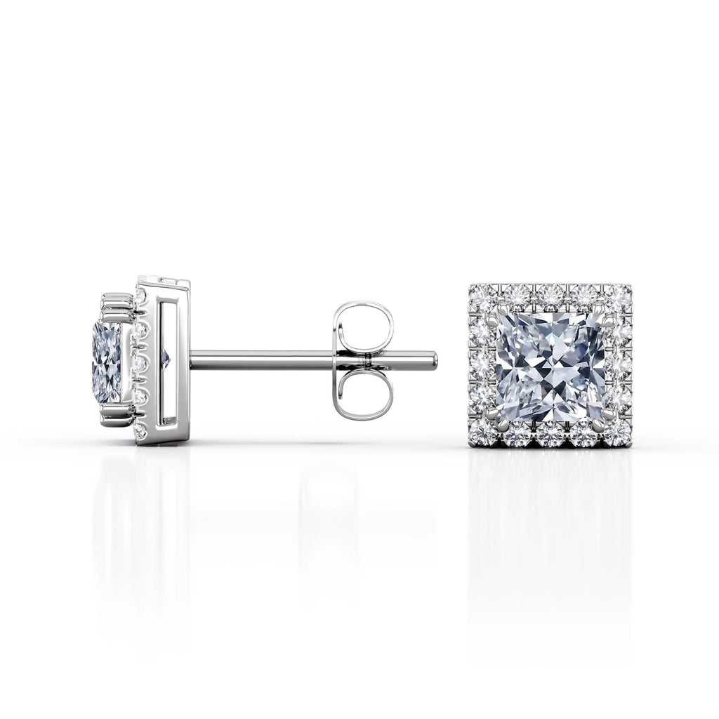 Double Prong 0.43 Carat Princess Cut Diamond Halo Stud Earrings in 10K White Gold O8459