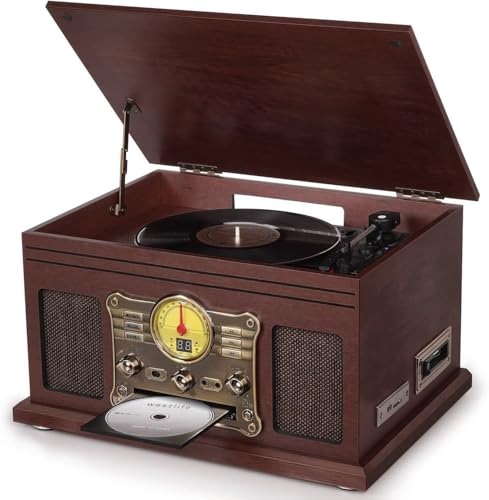 Mahogany Bluetooth Turntable with Speakers V7672