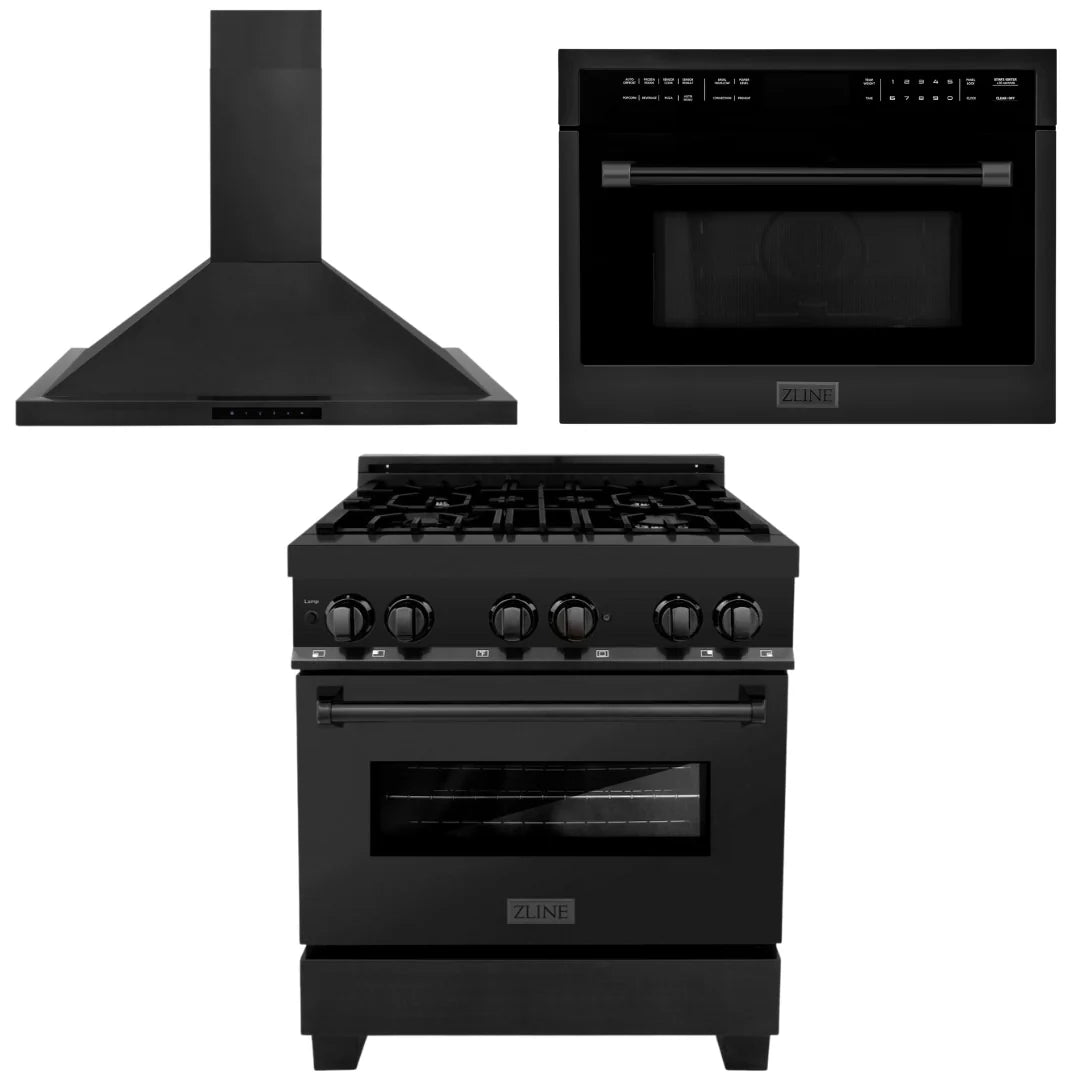 30 in. Dual Fuel Range, Range Hood, and Microwave Oven in Black Stainless Steel B329984