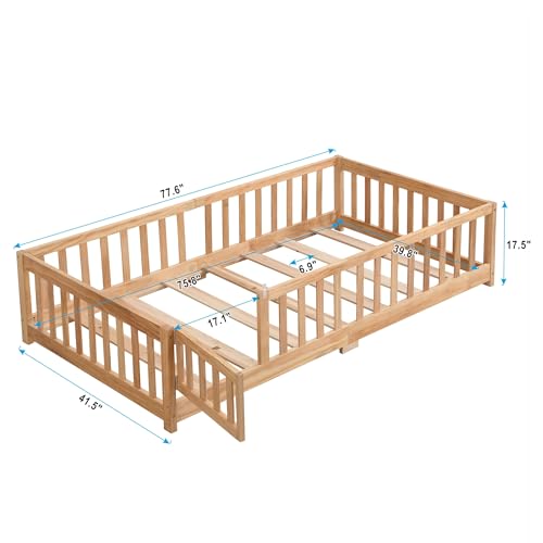 Gray Solid Wood Twin Size Floor Bed with Rails and Slats E396157