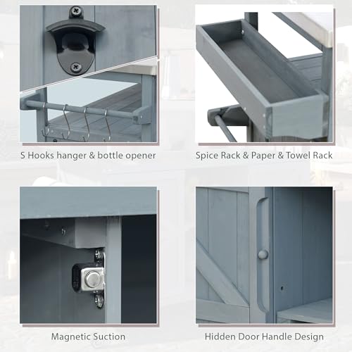 Solid Wood Grill Table with Stainless Steel Top and Internal Storage Racks S812103