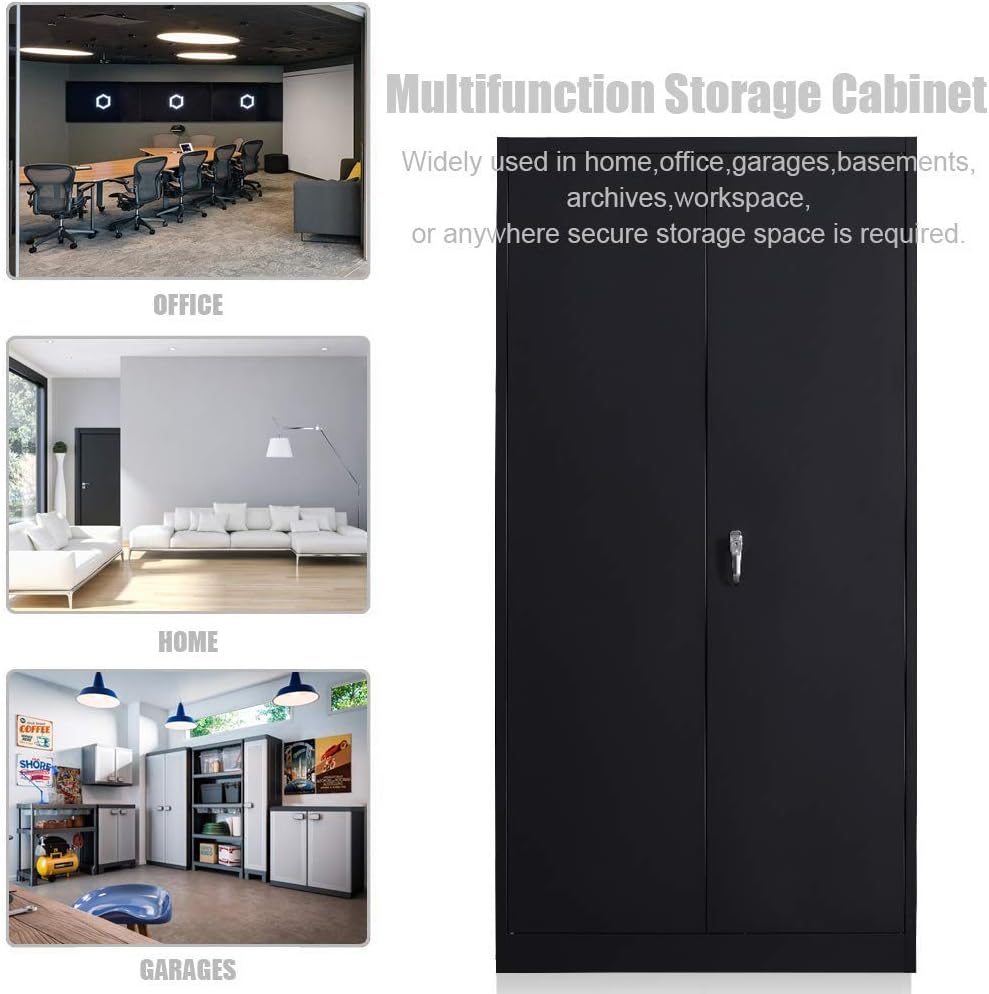 Black 70.8 H Metal Storage Cabinet with 4 Adjustable Shelf and 2 Locking Doors U7395