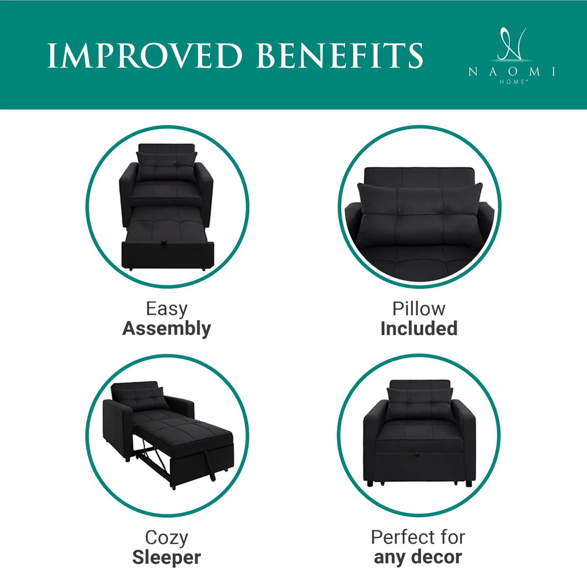 Black 3 in 1 Convertible Chair Bed Sleeper with Pillow S631867