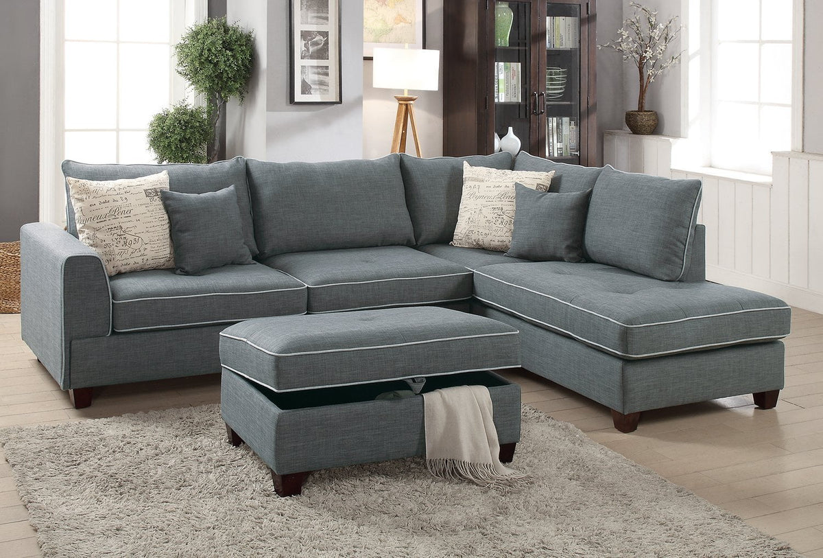 Modern Steel Fabric Reversible Sectional Sofa with 4 Accent Pillows J192