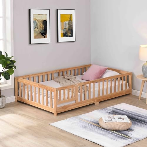 Gray Solid Wood Twin Size Floor Bed with Rails and Slats E396157