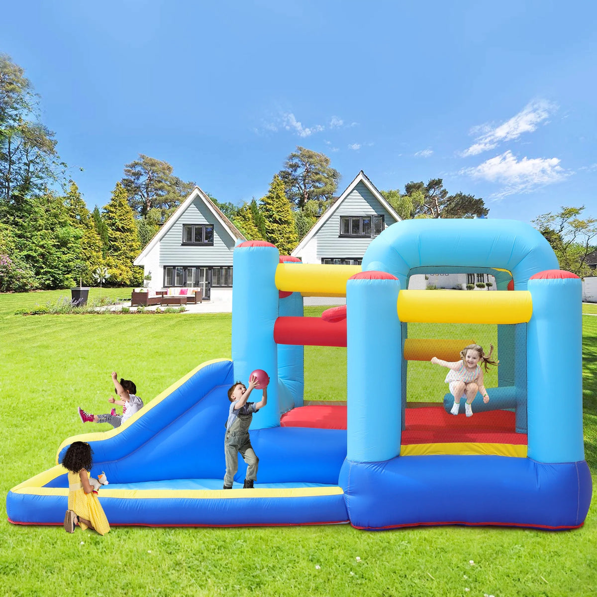 Inflatable Water Slide Bounce House with Splash Pool & Basketball Rim N864418