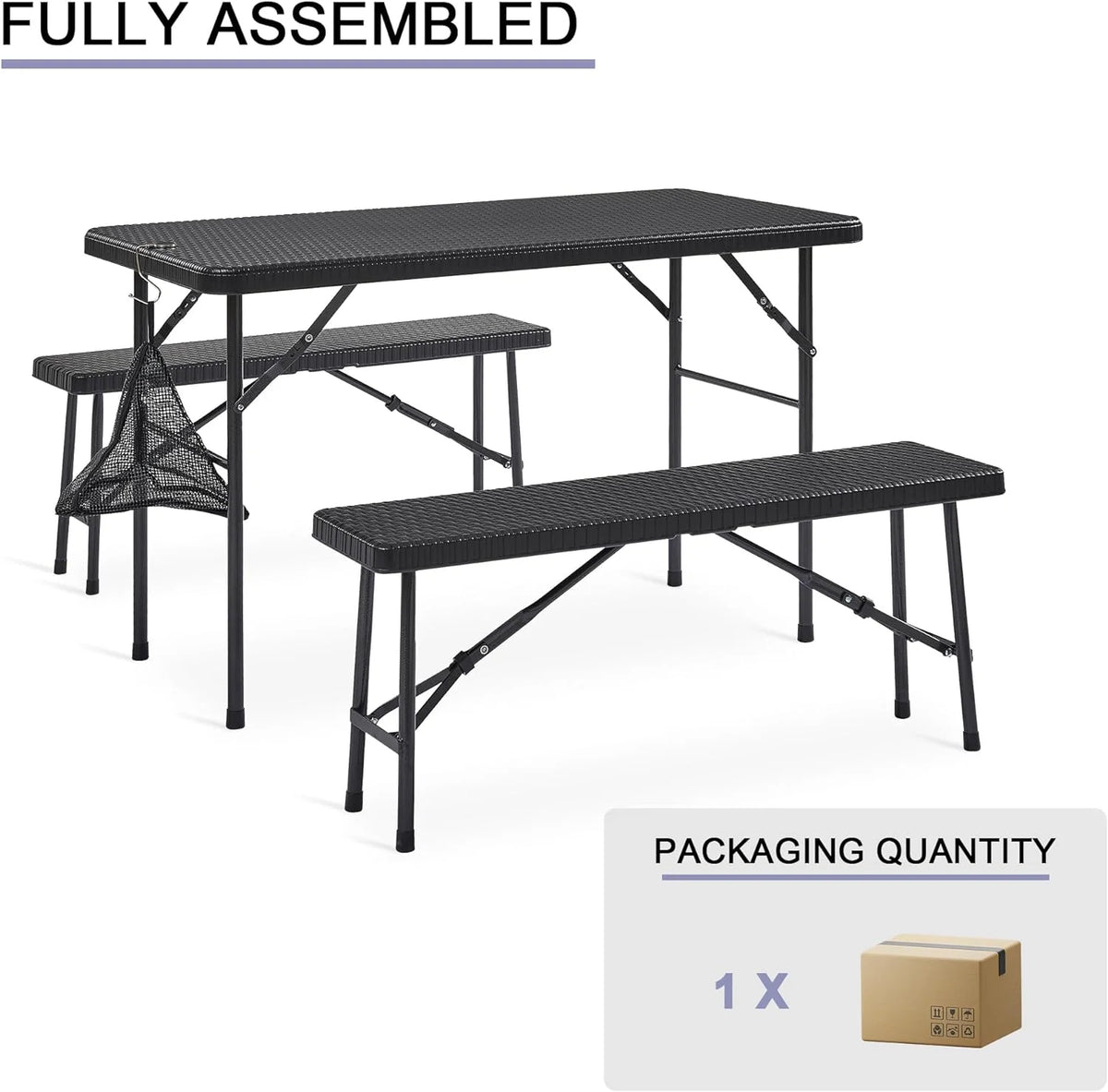 Black 3 Piece Folding Picnic Table with Benches N458628