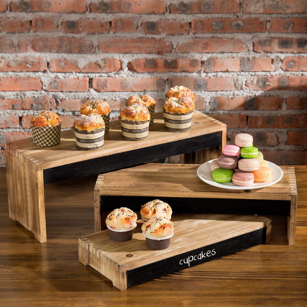 3-Tier Burnt Dark Brown Wood Cake Stand with Chalkboard Panels X626