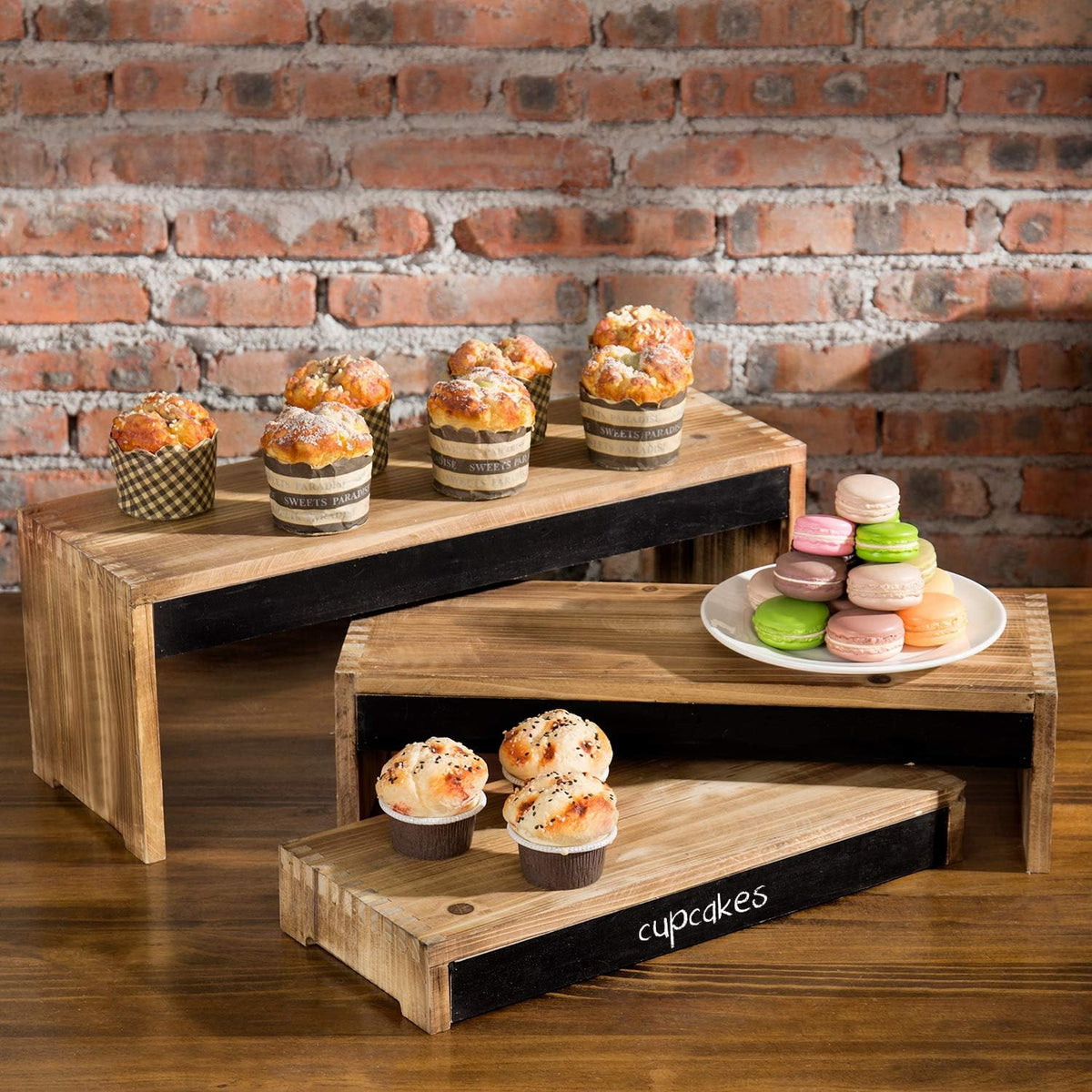 3-Tier Burnt Dark Brown Wood Cake Stand with Chalkboard Panels X626