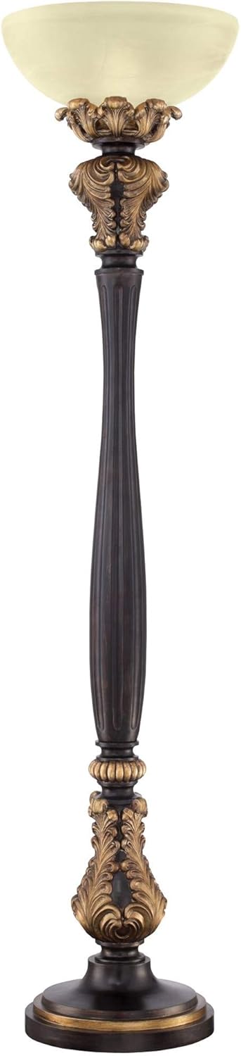 Tall Carved Wood Amber Glass Torchiere Floor Lamp V635