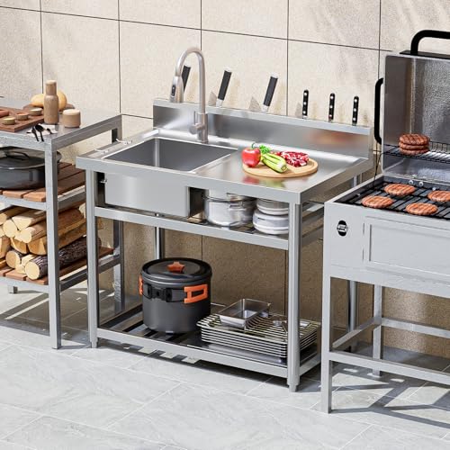 Stainless Steel Freestanding Utility Sink with Workbench Drawer Double Shelves Y4471