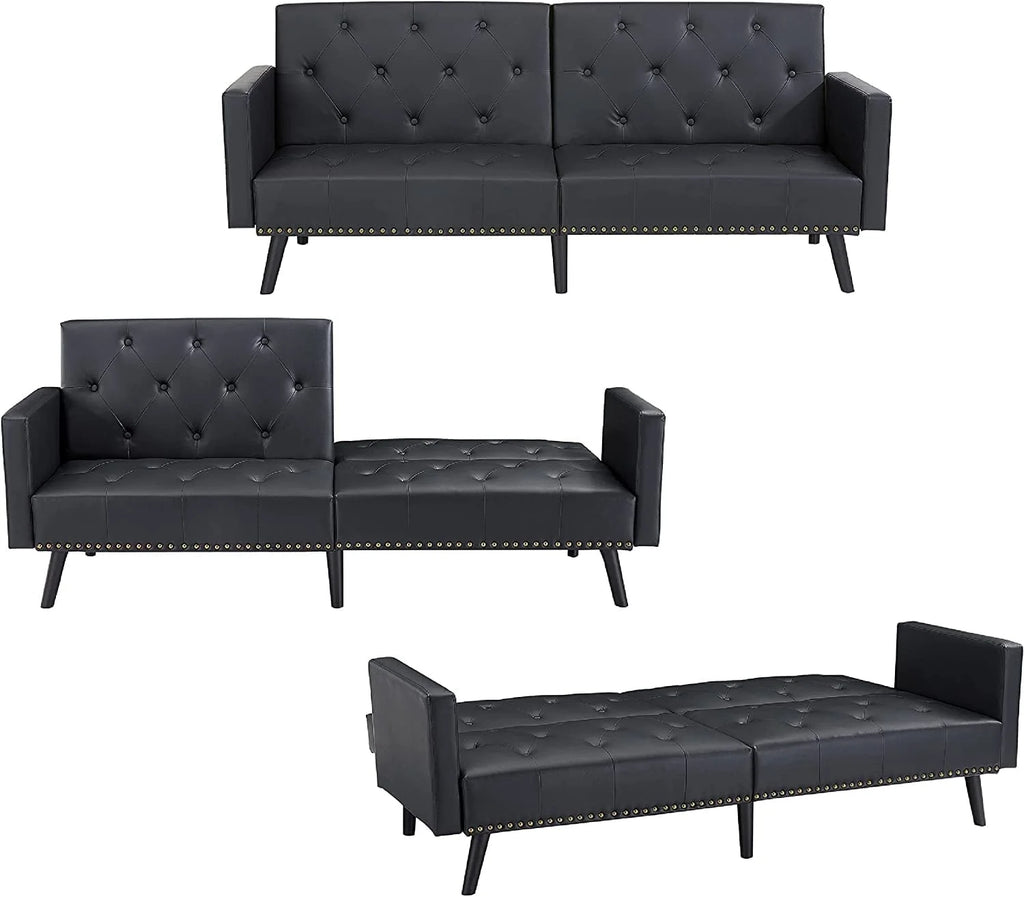Espresso Faux Leather Tufted Convertible Sofa Bed V1335