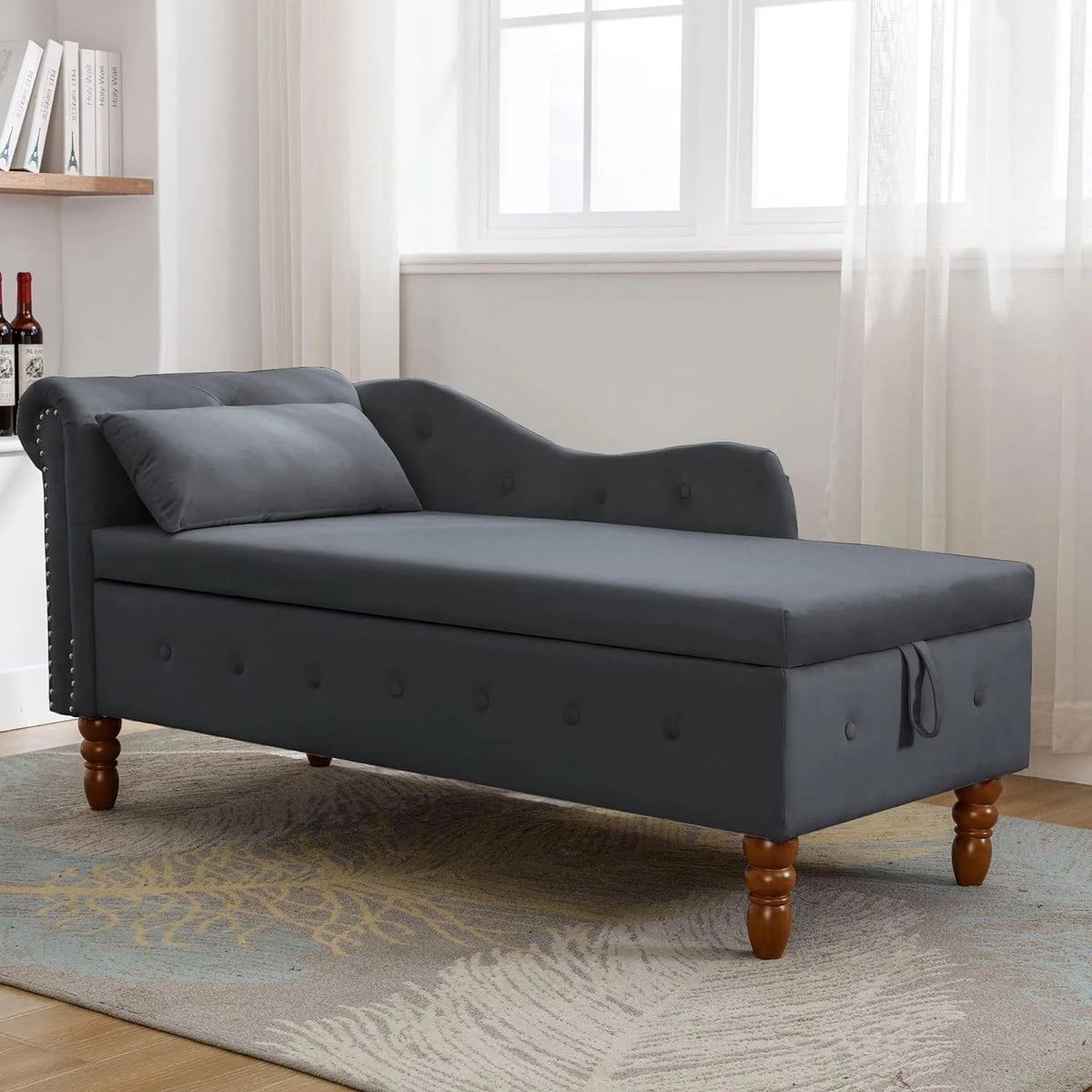 Black Velvet Chaise Lounge Chair with Storage & Pillow Y4743