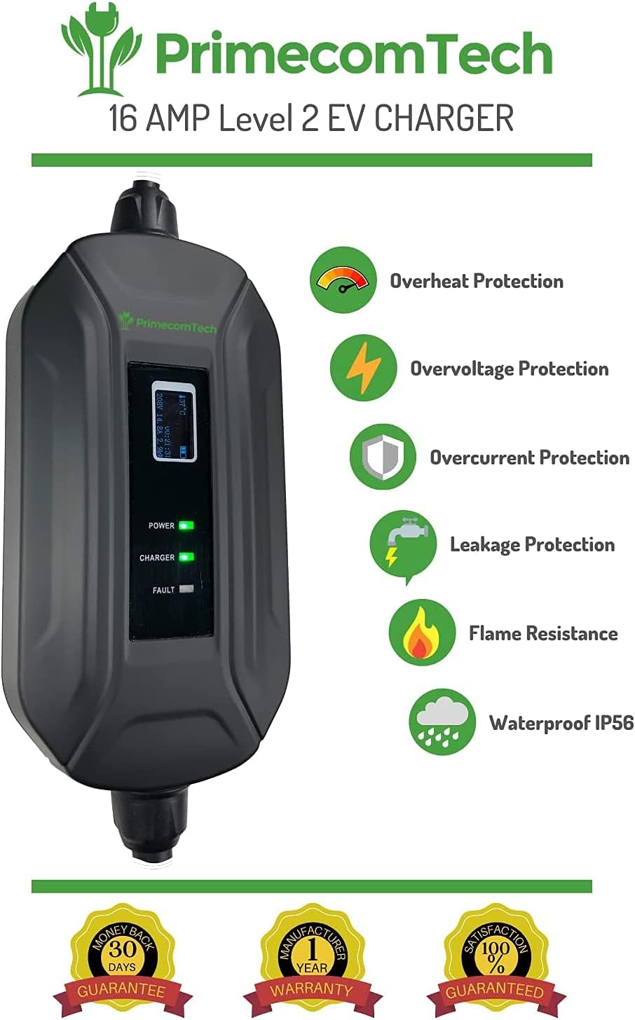 Level 2 Portable Electric Vehicle Charger, 16Amp, 30 Feet S20619