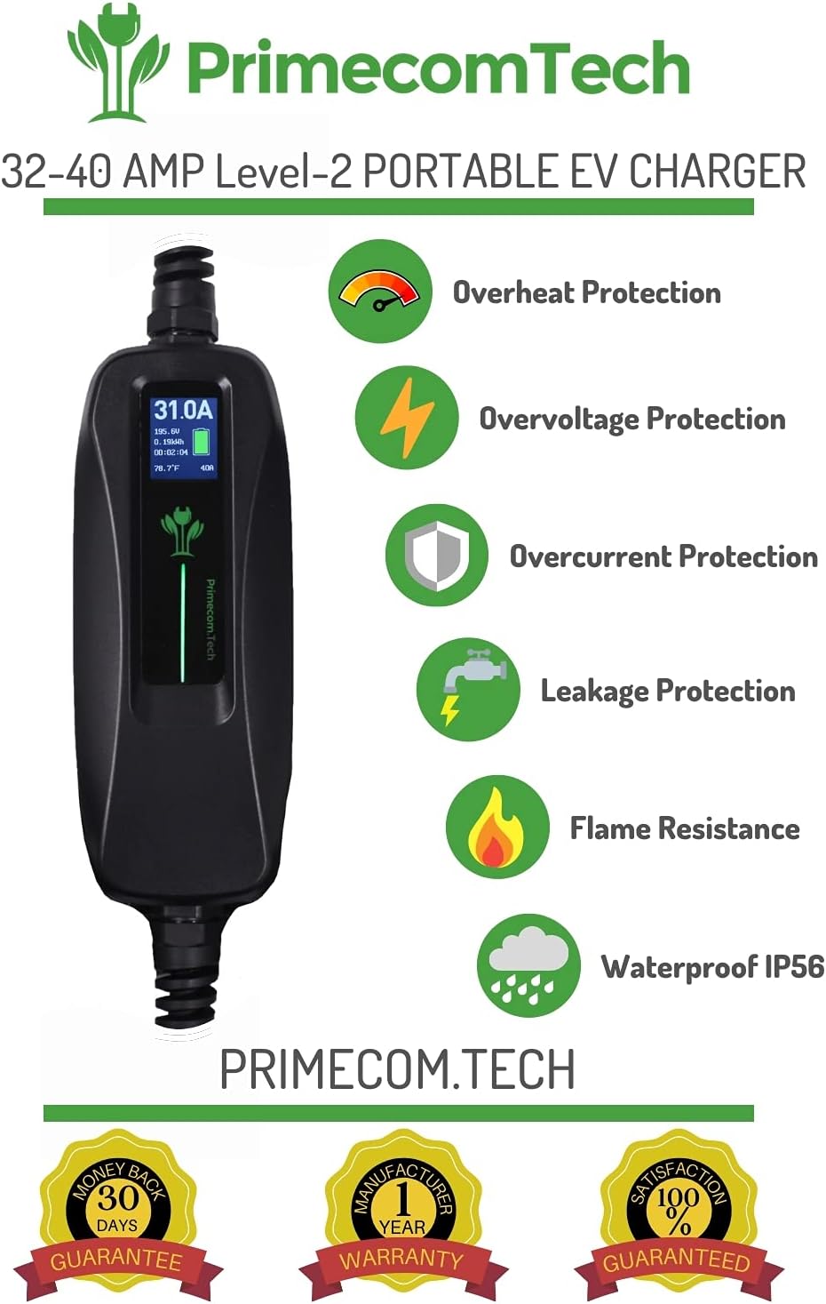 Level 2 Portable Electric Vehicle Charger, 16Amp, 30 Feet S20619