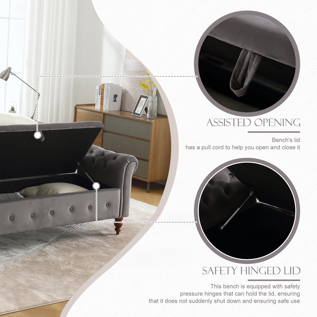 Gray Velvet Upholstered Storage Bench with Arms Y419