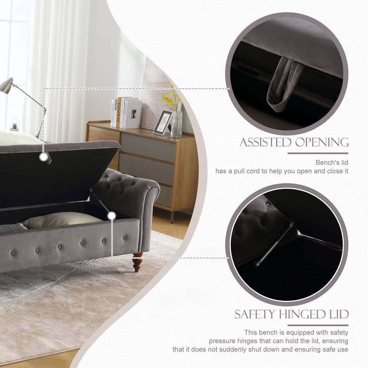 Gray Velvet Upholstered Storage Bench with Arms Y419