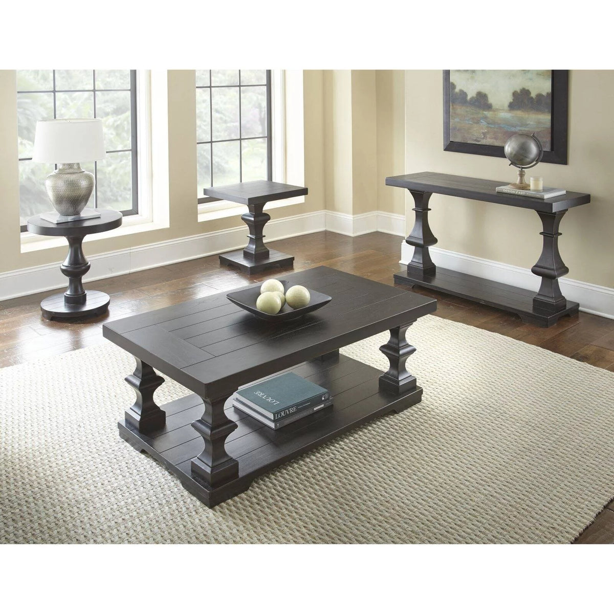Ebony Coffee Table with Planked Top and Pedestal Base V1931