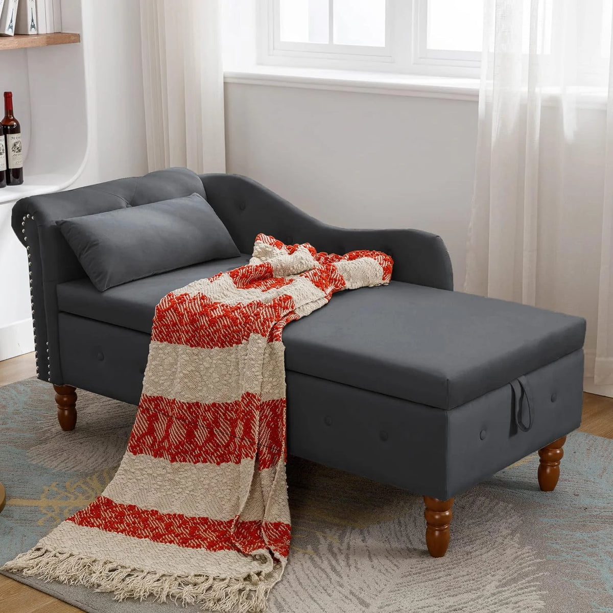 Black Velvet Chaise Lounge Chair with Storage & Pillow Y4743