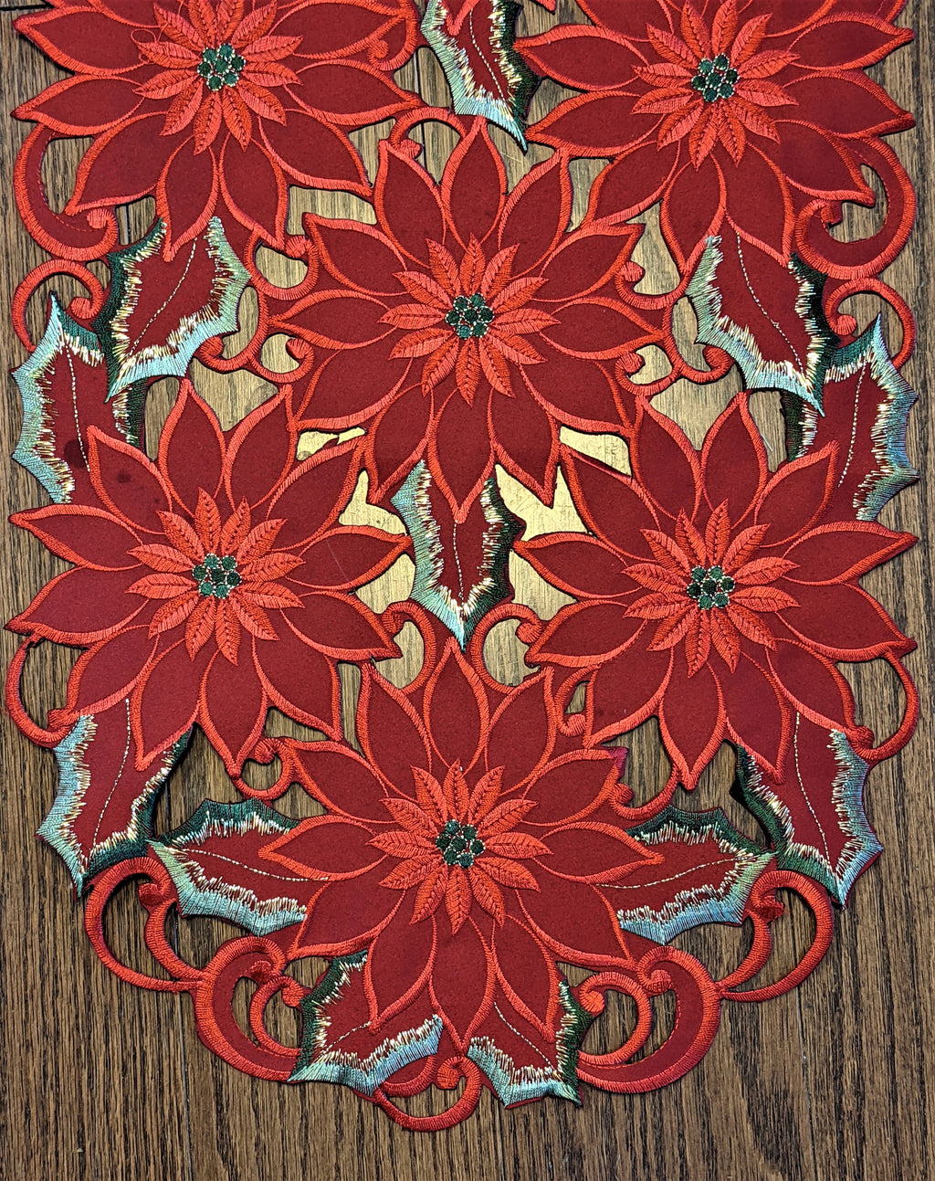 Christmas Table Runner with Red Cutwork Poinsettias, 34 x 15 inches A44734