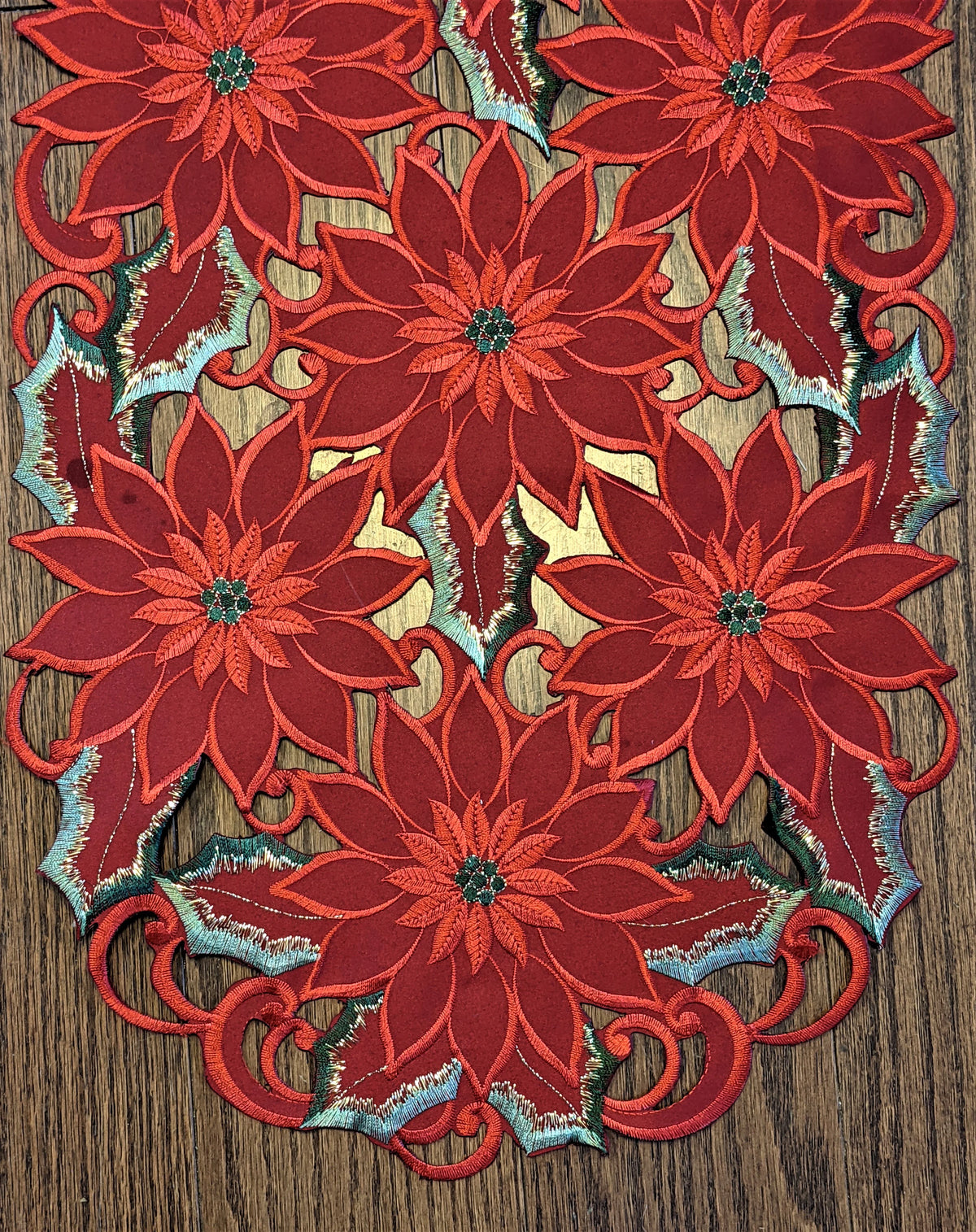 Christmas Table Runner with Red Cutwork Poinsettias, 34 x 15 inches A44734