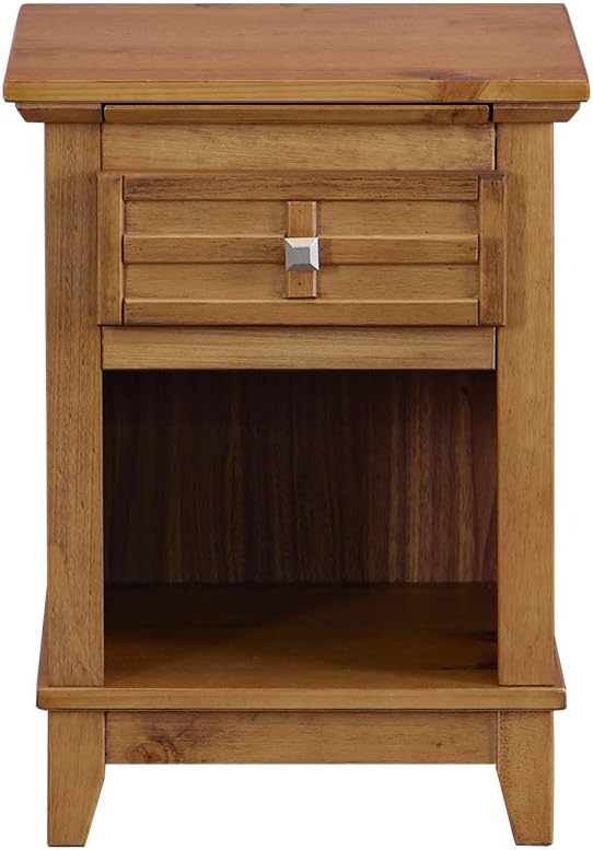 Teak Finish Wood Nightstand with Drawer and Pull-Out Tray K47367