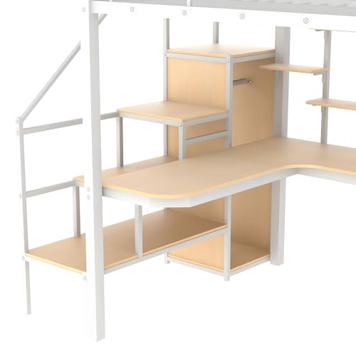 Black Full Size Metal Loft Bed with Storage Staircase and Wardrobe H329079