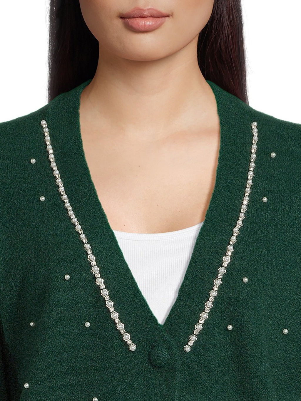 Women's V-Neck Embellished Button Front Cardigan with Long Sleeves W658