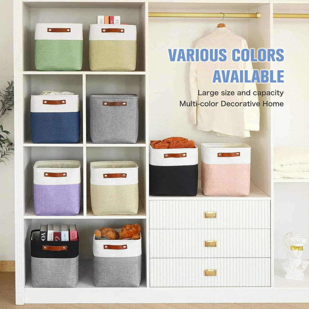 11x11 inch Foldable Cube Storage Bins with Leather Handles (White/ Blue) I78240
