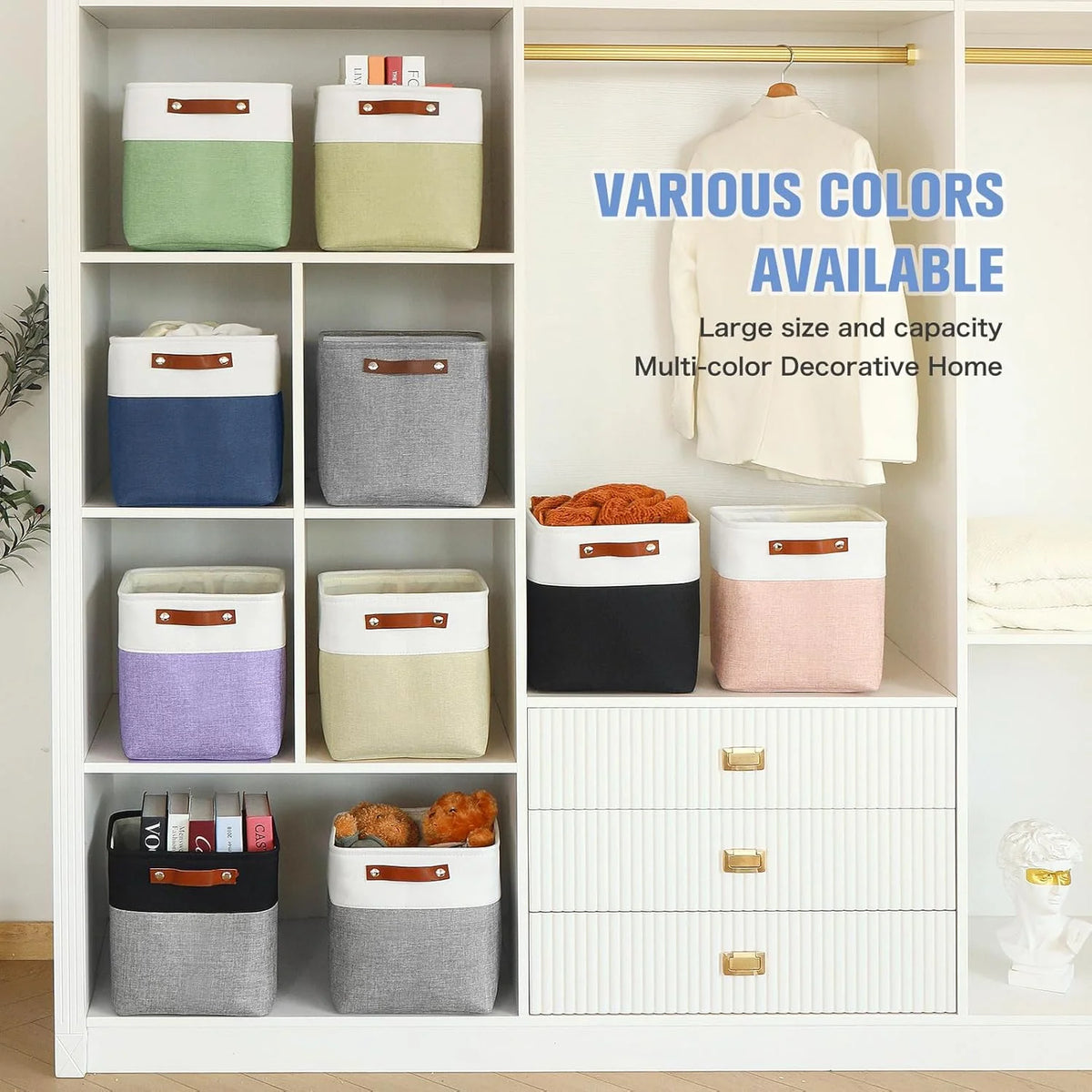 11x11 inch Foldable Cube Storage Bins with Leather Handles (White/ Blue) I78240