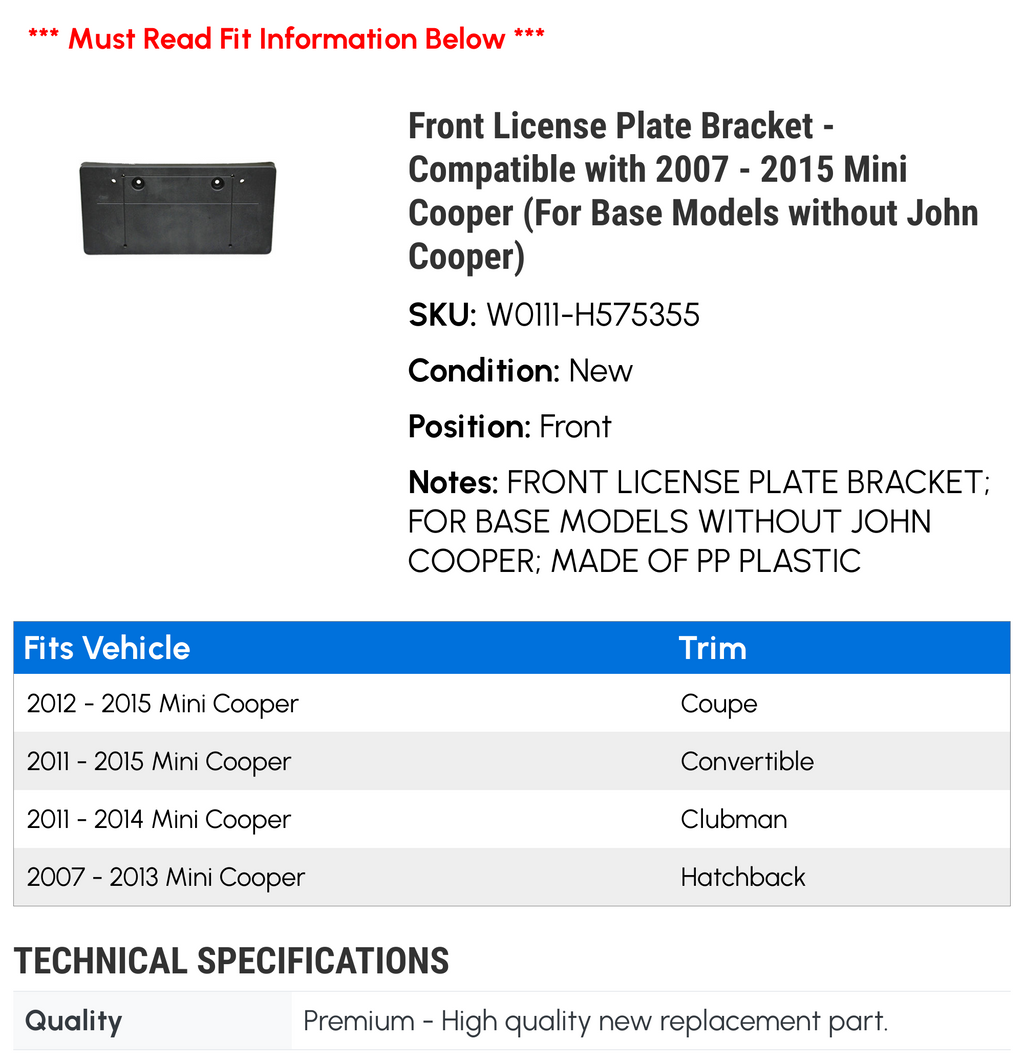 Front License Plate Bracket for Mini Cooper H7350