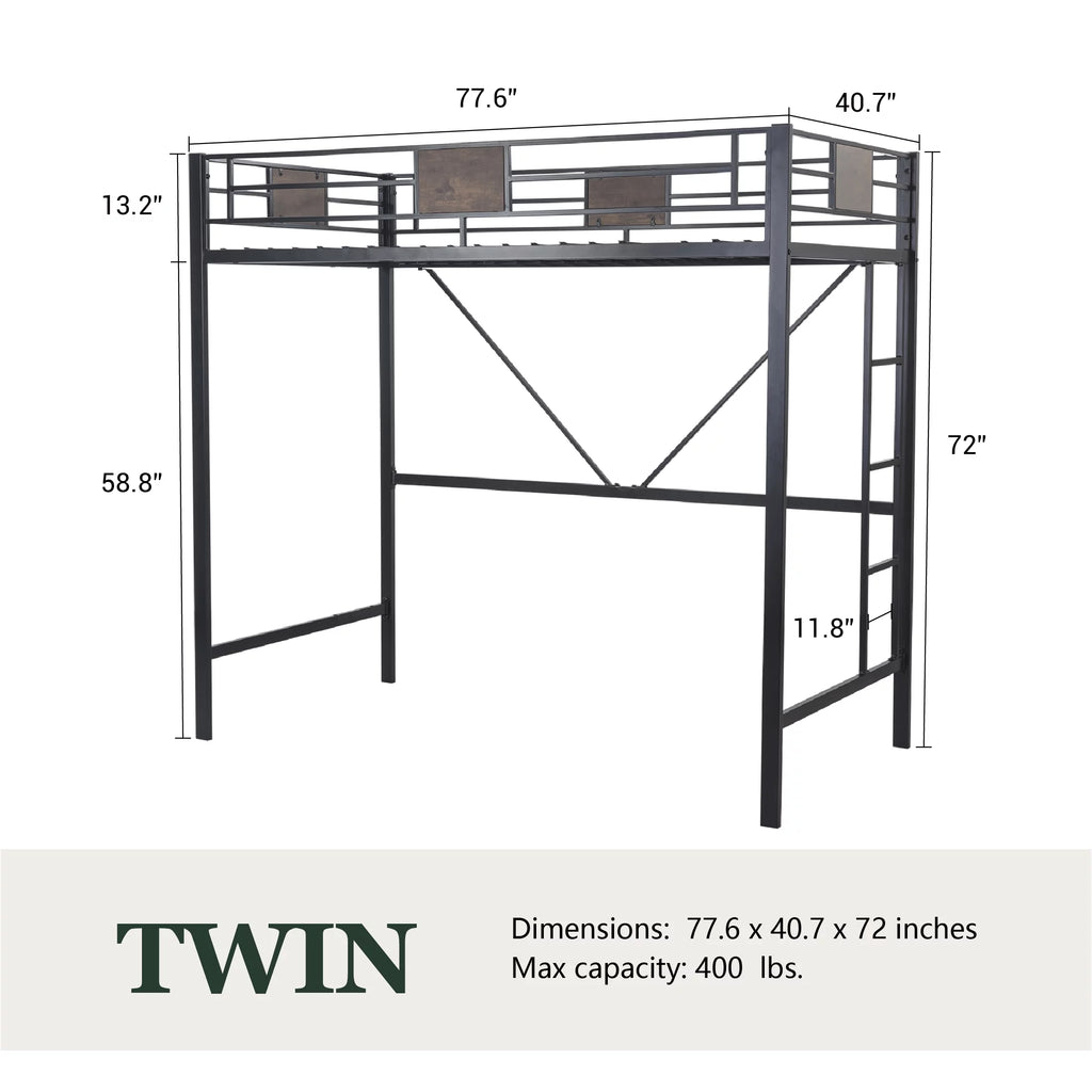 Metal Twin Size Loft Bed Frame with Stairs & Full-Length Guardrail D358708