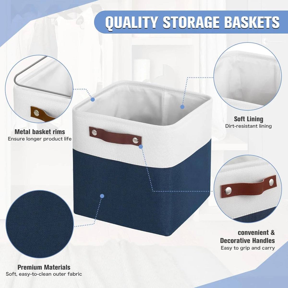 11x11 inch Foldable Cube Storage Bins with Leather Handles (White/ Blue) I78240