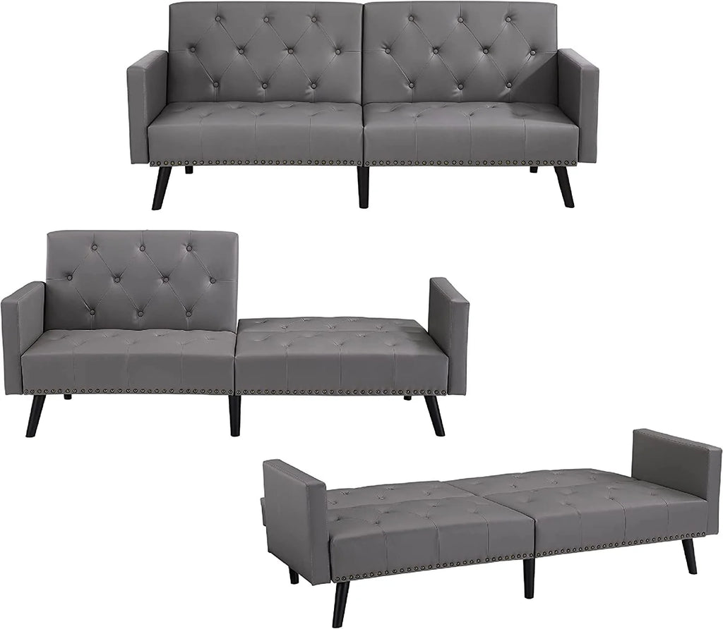 Espresso Faux Leather Tufted Convertible Sofa Bed V1335