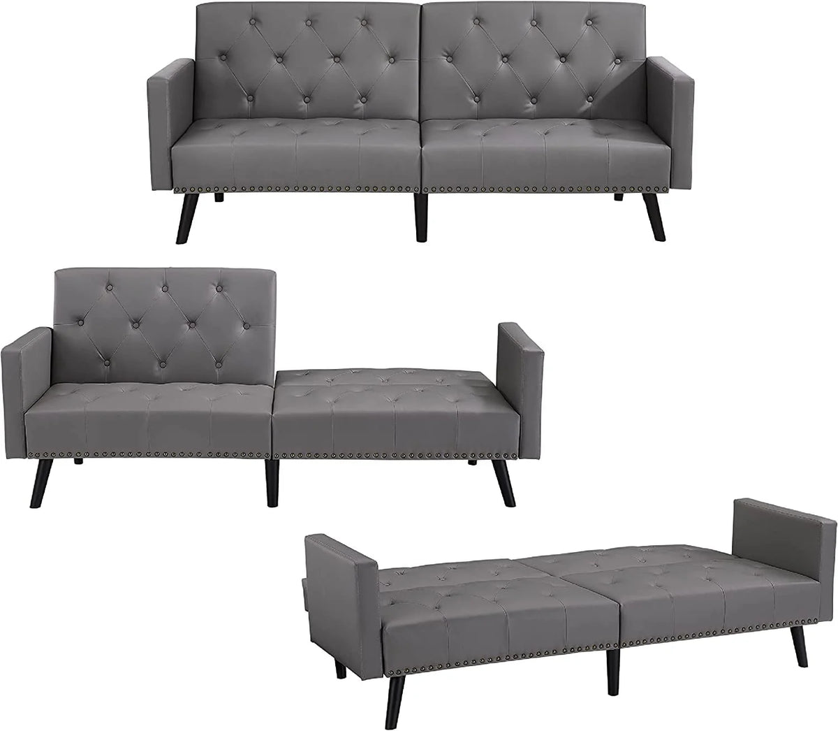 Espresso Faux Leather Tufted Convertible Sofa Bed V1335