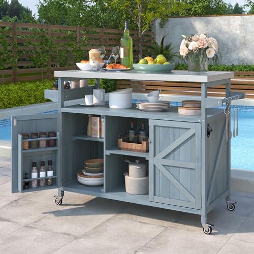 Solid Wood Grill Table with Stainless Steel Top and Internal Storage Racks S812103