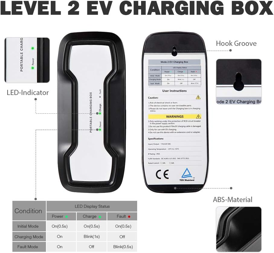 16A Portable EV Charger with NEMA 6-20P Adapter, 100V-240V, SAE J1772 Plug 8m N63141