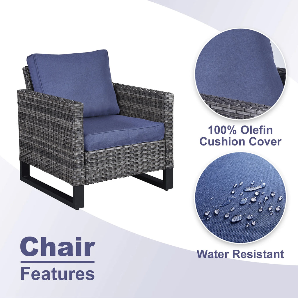 Blue Cushion Rattan Patio Furniture Set with Sofa, Chairs, Coffee Table and Ottomans R2093